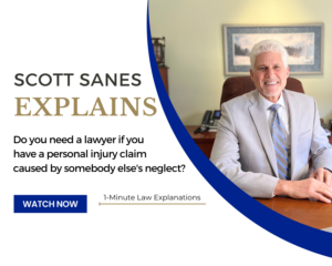 Image of personal injury attorney Scott Sanes with bright white hair, smiling, wearing a tan suit and blue tie sitting at his desk the text says Do you need a lawyer if you have a personal injury claim caused by somebody else's neglect.